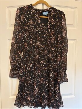 CeCe Black Floral Print Long-Sleeve Ruffle Hem Dress